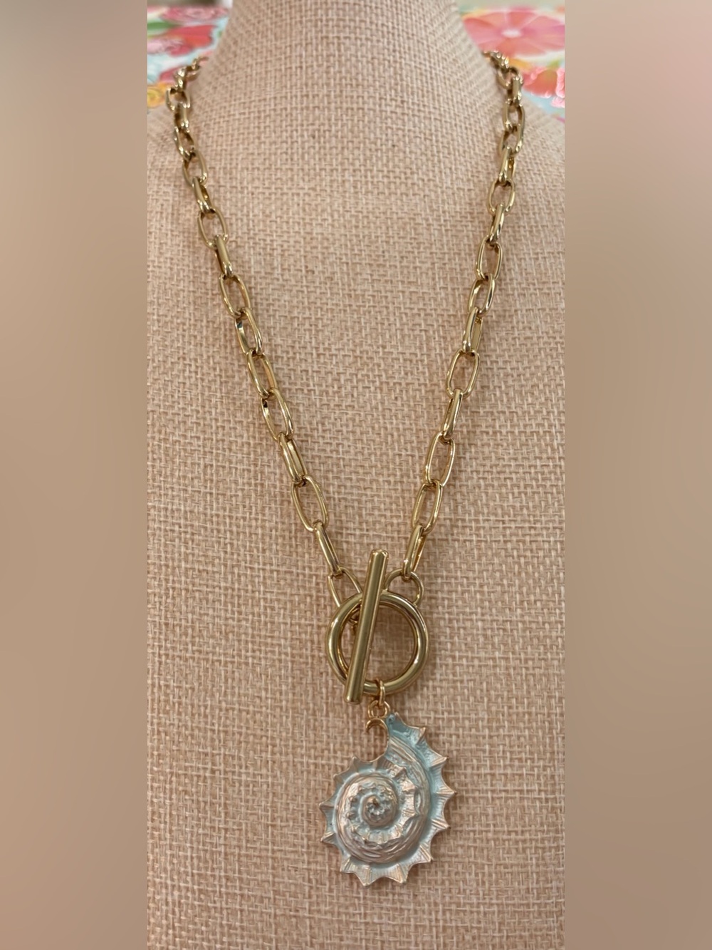 NEW handmade Gold Plated Toggle Chain Necklace with Light Blue Shell Pendant 18”